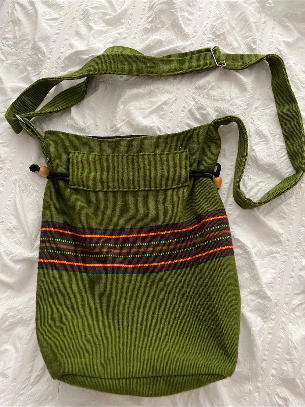 Olive Green Woven Drawstring Crossbody Bag with Stripe Accent